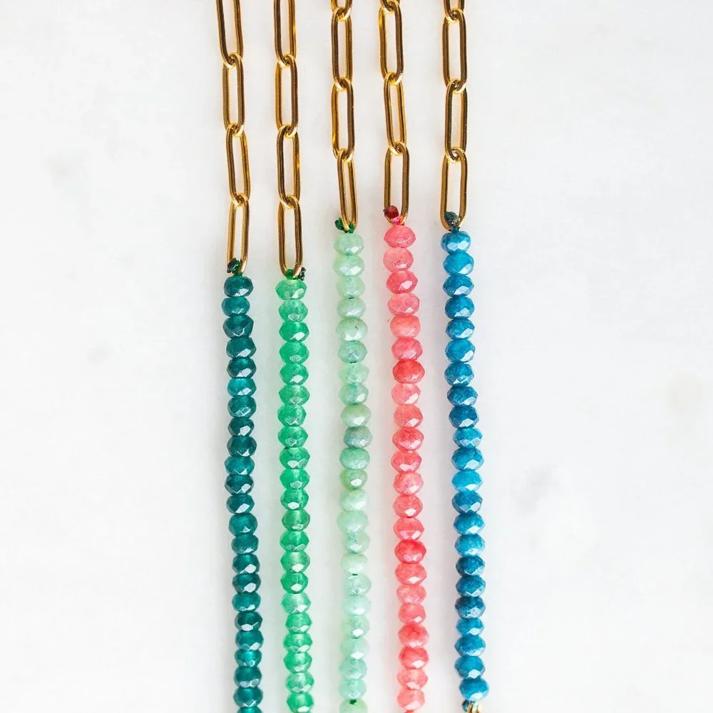 Half Blue Apatite Beaded Gemstone Bracelet Half Gold Paperclip Chain WATERPROOF - Picture 8 of 8